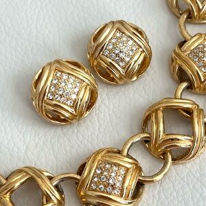 Vintage Christian Dior Bird Cage Hollow Bead Rhinestone Gold Earrings Necklace